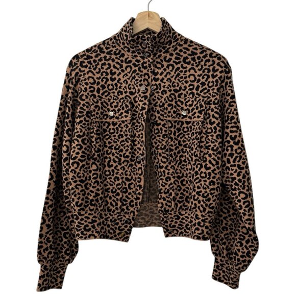 Marled Cheetah Crop Jacket Brown Animal Print Snap Button Moto Stretch Shacket - Picture 2 of 9